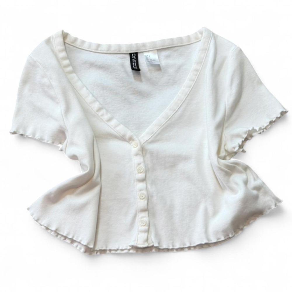 Divided‎ By H&M White Button Up Cropped Baby Tee, Women's Size S
